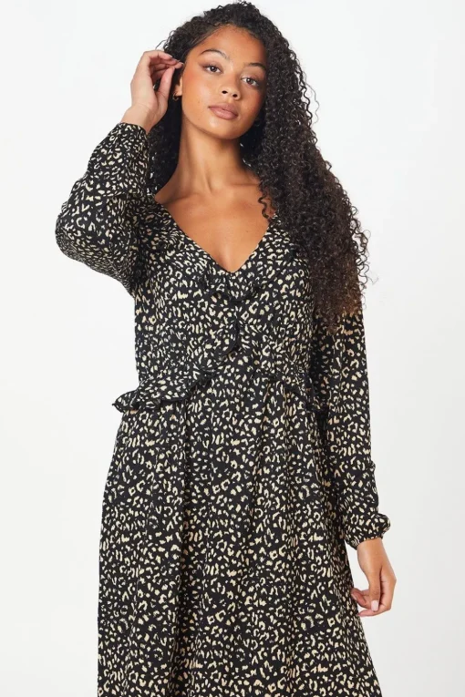 Tall Animal Print Ruffle Front Midi Dress