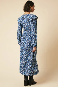 Tall Blue ditsy floral Frill Shoulder Shirred Waist Long Sleeve Midi Dress