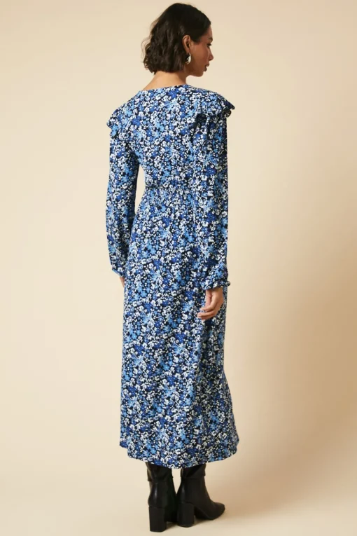 Tall Blue ditsy floral Frill Shoulder Shirred Waist Long Sleeve Midi Dress