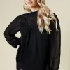 Tall Embroidered Yoke Chiffon Long Sleeve Blouse