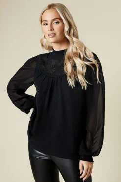 Tall Embroidered Yoke Chiffon Long Sleeve Blouse
