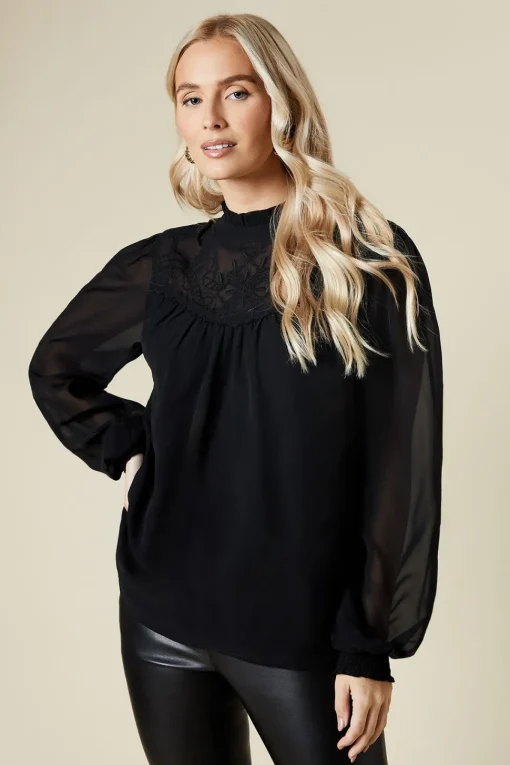 Tall Embroidered Yoke Chiffon Long Sleeve Blouse