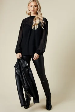 Tall Embroidered Yoke Chiffon Long Sleeve Blouse