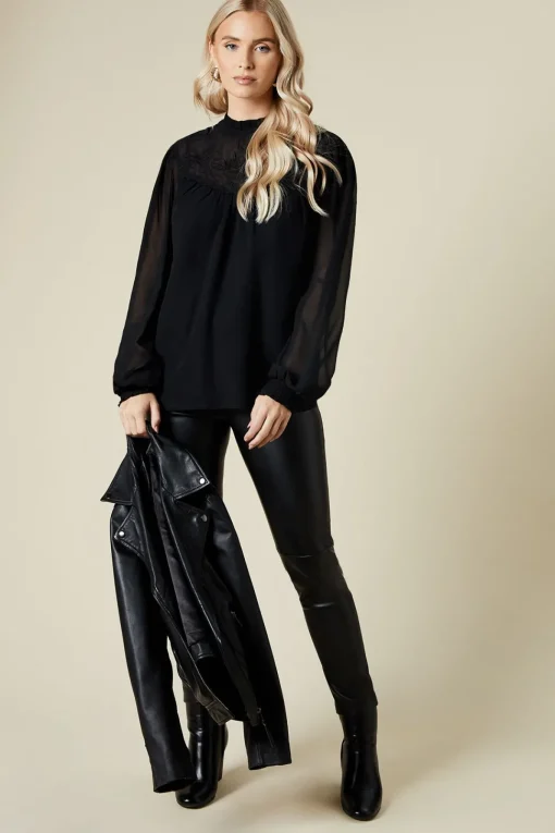 Tall Embroidered Yoke Chiffon Long Sleeve Blouse