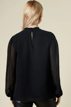 Tall Embroidered Yoke Chiffon Long Sleeve Blouse