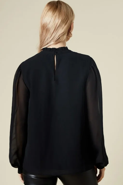 Tall Embroidered Yoke Chiffon Long Sleeve Blouse
