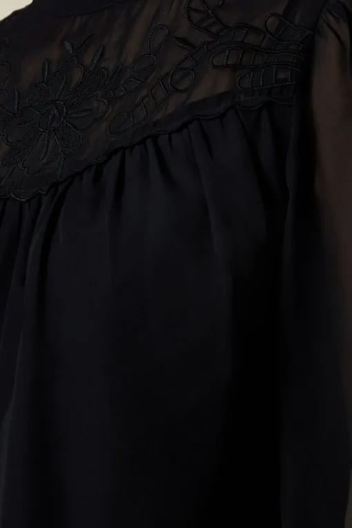 Tall Embroidered Yoke Chiffon Long Sleeve Blouse