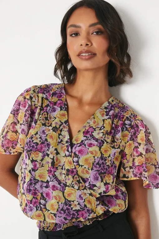 Tall Floral Chiffon Shirred Hem Wrap Blouse