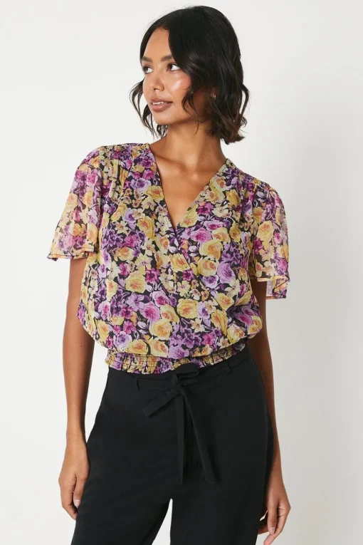 Tall Floral Chiffon Shirred Hem Wrap Blouse