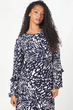Tall Navy Animal Ruffle Sleeve Midi Dress