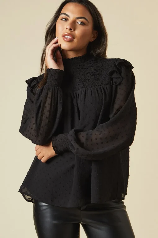 Tall Shirred Yoke Dobby Chiffon Long Sleeve Blouse