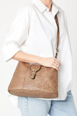 Terry Faux Leather Buckle Detail Top Zip Casual Tote Bags