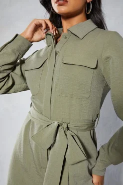 Textured Belted Wide Leg Jumpsuit