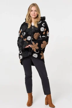 Textured Floral Longline Hoodie Coat
