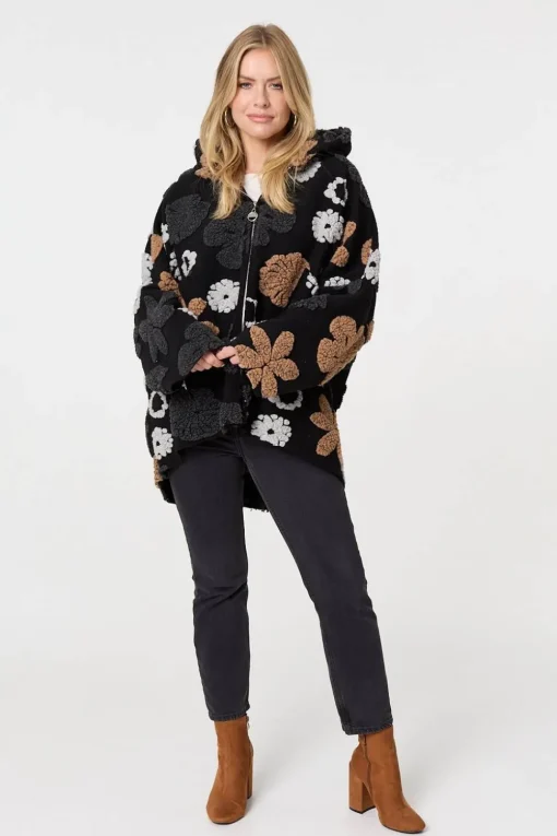 Textured Floral Longline Hoodie Coat
