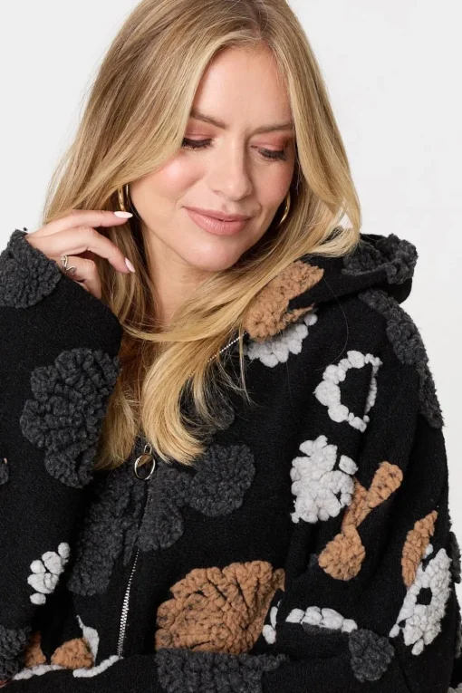 Textured Floral Longline Hoodie Coat