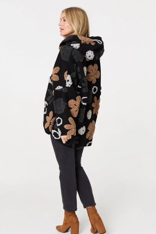 Textured Floral Longline Hoodie Coat