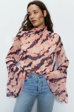 Tie Dye High Neck Flute Sleeve Blouse
