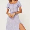Tie Front Slip Leg Dress In Purple With Flora Print