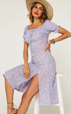 Tie Front Slip Leg Dress In Purple With Flora Print