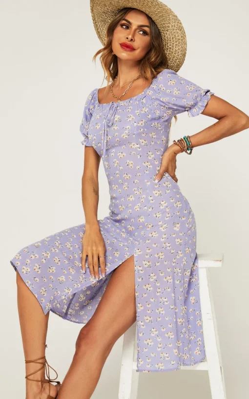 Tie Front Slip Leg Dress In Purple With Flora Print