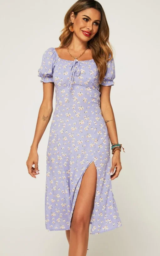 Tie Front Slip Leg Dress In Purple With Flora Print