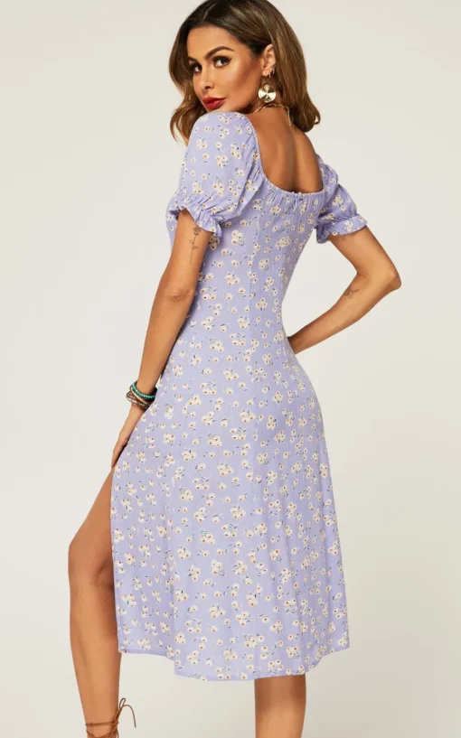 Tie Front Slip Leg Dress In Purple With Flora Print