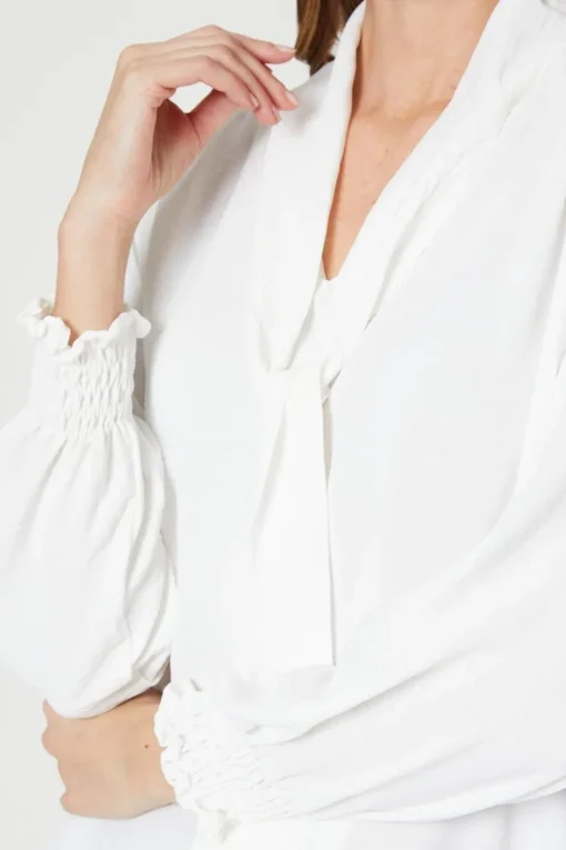 Tie Neck Shirred Cuff Top