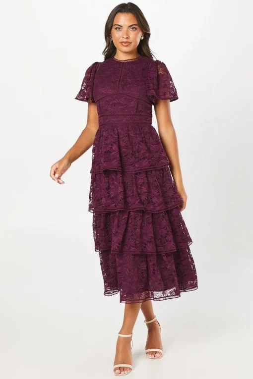 Tiered Lace Dress With Flutter Sleeve & Trims