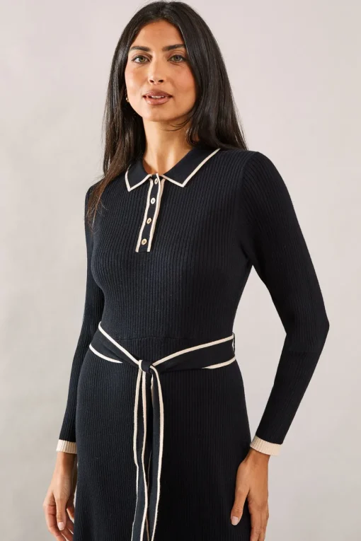 Tipped Belted Knitted Midi Dress