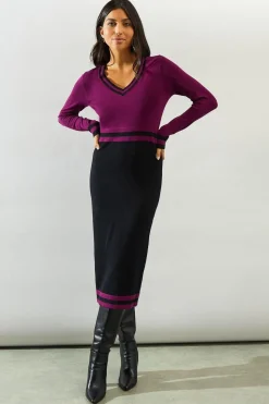 Tipped V Neck Knitted Midi Dress