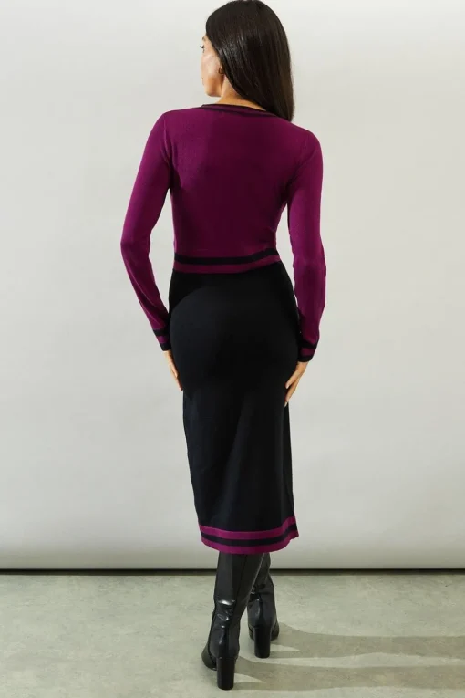 Tipped V Neck Knitted Midi Dress