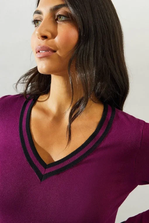 Tipped V Neck Knitted Midi Dress
