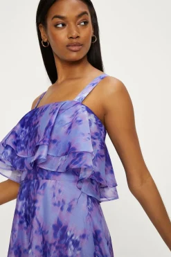 Tonal Blurred Floral Ruffle Organza Midi Dress