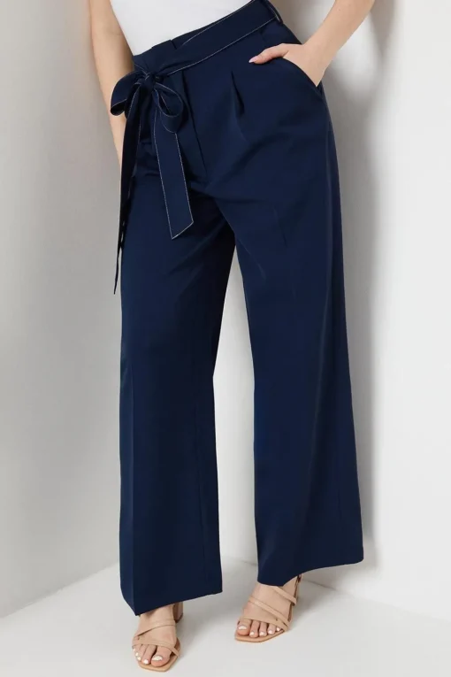 Top Stitch Belted Straight Leg Trouser