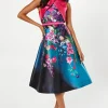 Trailing Floral Overlay Bodice Satin Twill Midi Dress