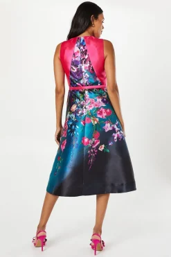 Trailing Floral Overlay Bodice Satin Twill Midi Dress