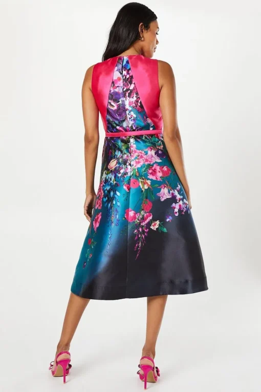 Trailing Floral Overlay Bodice Satin Twill Midi Dress