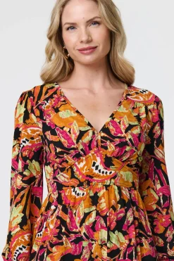 Tropical Floral Print Long Sleeve Midi Dress
