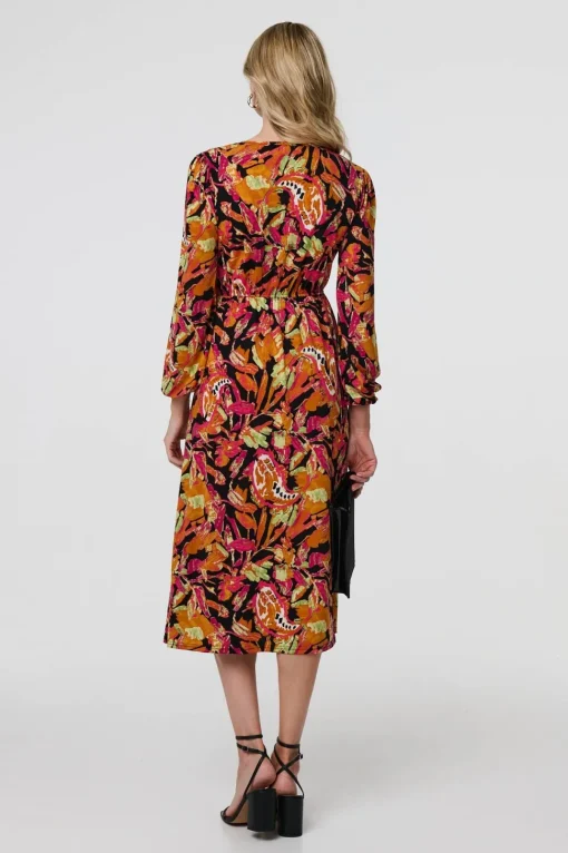 Tropical Floral Print Long Sleeve Midi Dress