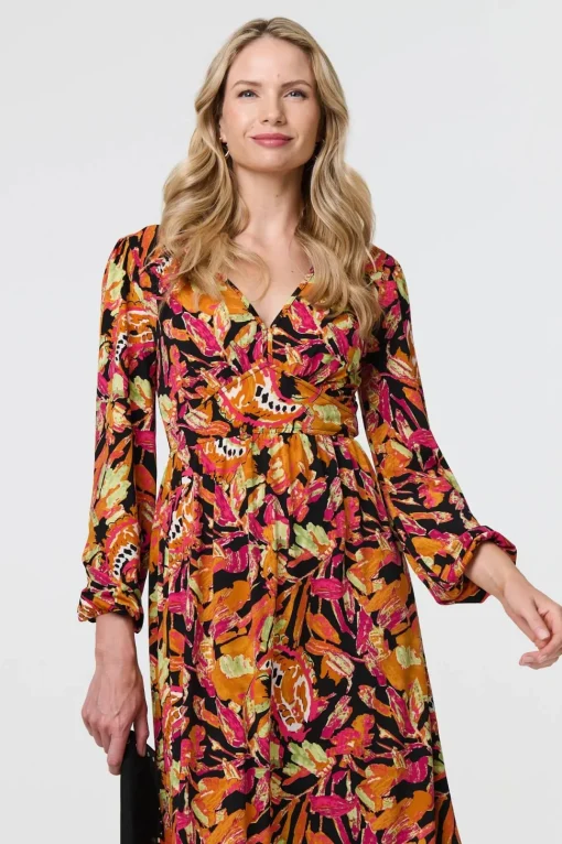 Tropical Floral Print Long Sleeve Midi Dress