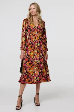 Tropical Floral Print Long Sleeve Midi Dress