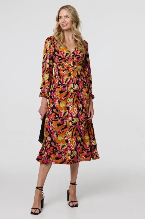Tropical Floral Print Long Sleeve Midi Dress