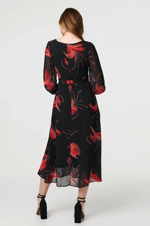 Tropical Print Mesh Layered Midi Dress