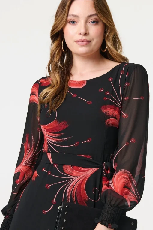 Tropical Print Mesh Layered Midi Dress