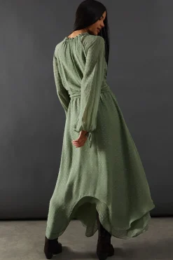 Tufted Dobby Chiffon Button Front Tie Neck Hanky Hem Midi