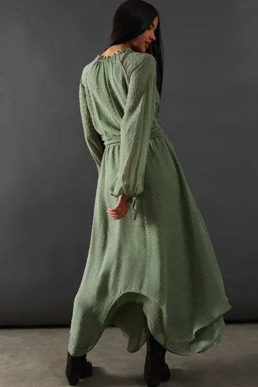 Tufted Dobby Chiffon Button Front Tie Neck Hanky Hem Midi