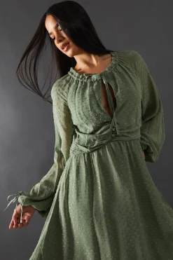 Tufted Dobby Chiffon Button Front Tie Neck Hanky Hem Midi