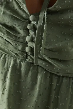 Tufted Dobby Chiffon Button Front Tie Neck Hanky Hem Midi