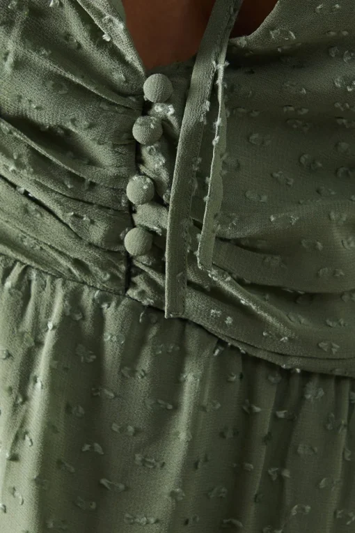 Tufted Dobby Chiffon Button Front Tie Neck Hanky Hem Midi